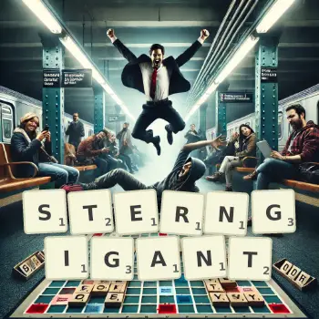 Kreative Illustration für ein Scrabble-Spiel, bei dem das Wort STERNGIGANT mit Steinen auf dem Brett gelegt wurde.