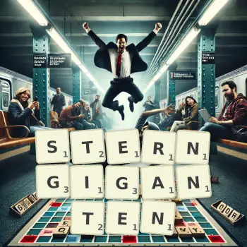 Kreative Illustration für ein Scrabble-Spiel, bei dem das Wort STERNGIGANTEN mit Steinen auf dem Brett gelegt wurde.