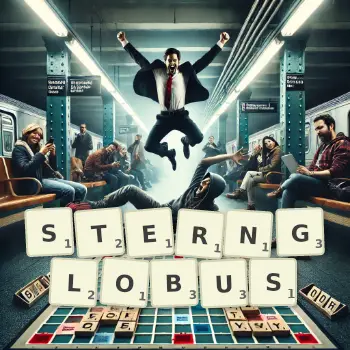 Kreative Illustration für ein Scrabble-Spiel, bei dem das Wort STERNGLOBUS mit Steinen auf dem Brett gelegt wurde.