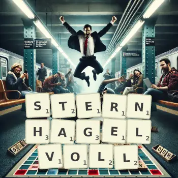 Kreative Illustration für ein Scrabble-Spiel, bei dem das Wort STERNHAGELVOLL mit Steinen auf dem Brett gelegt wurde.