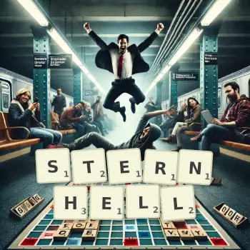 Kreative Illustration für ein Scrabble-Spiel, bei dem das Wort STERNHELL mit Steinen auf dem Brett gelegt wurde.