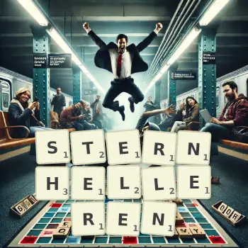 Kreative Illustration für ein Scrabble-Spiel, bei dem das Wort STERNHELLEREN mit Steinen auf dem Brett gelegt wurde.