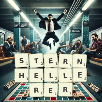 Kreative Illustration für ein Scrabble-Spiel, bei dem das Wort STERNHELLERER mit Steinen auf dem Brett gelegt wurde.