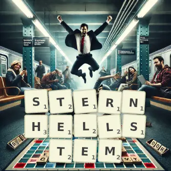 Kreative Illustration für ein Scrabble-Spiel, bei dem das Wort STERNHELLSTEM mit Steinen auf dem Brett gelegt wurde.