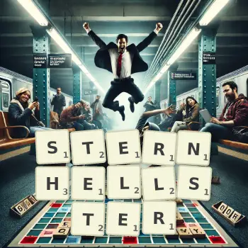 Kreative Illustration für ein Scrabble-Spiel, bei dem das Wort STERNHELLSTER mit Steinen auf dem Brett gelegt wurde.