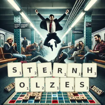 Kreative Illustration für ein Scrabble-Spiel, bei dem das Wort STERNHOLZES mit Steinen auf dem Brett gelegt wurde.