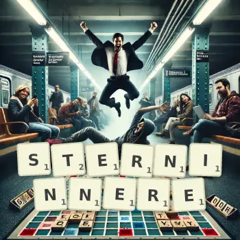 Kreative Illustration für ein Scrabble-Spiel, bei dem das Wort STERNINNERE mit Steinen auf dem Brett gelegt wurde.