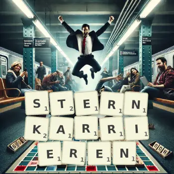 Kreative Illustration für ein Scrabble-Spiel, bei dem das Wort STERNKARRIEREN mit Steinen auf dem Brett gelegt wurde.