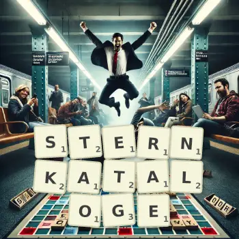Kreative Illustration für ein Scrabble-Spiel, bei dem das Wort STERNKATALOGE mit Steinen auf dem Brett gelegt wurde.