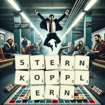 Kreative Illustration für ein Scrabble-Spiel, bei dem das Wort STERNKOPPLERN mit Steinen auf dem Brett gelegt wurde.