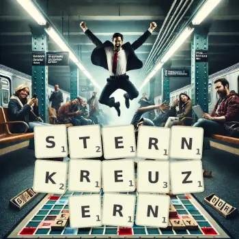 Kreative Illustration für ein Scrabble-Spiel, bei dem das Wort STERNKREUZERN mit Steinen auf dem Brett gelegt wurde.