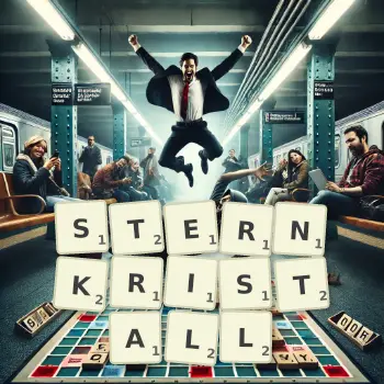 Kreative Illustration für ein Scrabble-Spiel, bei dem das Wort STERNKRISTALL mit Steinen auf dem Brett gelegt wurde.