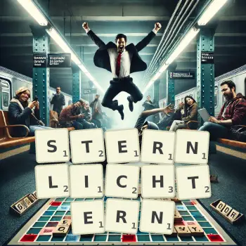 Kreative Illustration für ein Scrabble-Spiel, bei dem das Wort STERNLICHTERN mit Steinen auf dem Brett gelegt wurde.