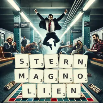 Kreative Illustration für ein Scrabble-Spiel, bei dem das Wort STERNMAGNOLIEN mit Steinen auf dem Brett gelegt wurde.