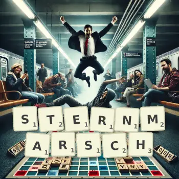 Kreative Illustration für ein Scrabble-Spiel, bei dem das Wort STERNMARSCH mit Steinen auf dem Brett gelegt wurde.