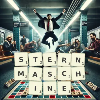 Kreative Illustration für ein Scrabble-Spiel, bei dem das Wort STERNMASCHINE mit Steinen auf dem Brett gelegt wurde.