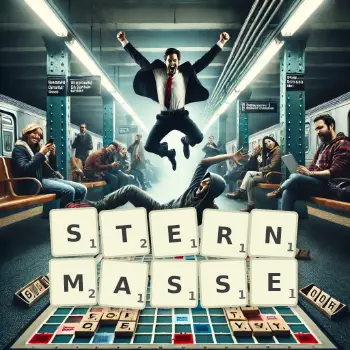Kreative Illustration für ein Scrabble-Spiel, bei dem das Wort STERNMASSE mit Steinen auf dem Brett gelegt wurde.