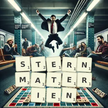 Kreative Illustration für ein Scrabble-Spiel, bei dem das Wort STERNMATERIEN mit Steinen auf dem Brett gelegt wurde.