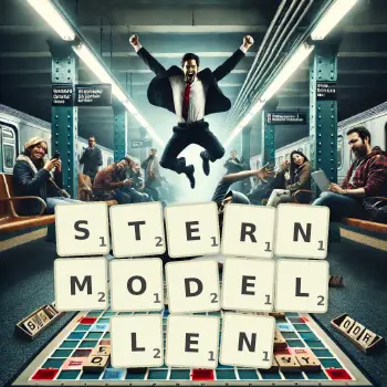 Kreative Illustration für ein Scrabble-Spiel, bei dem das Wort STERNMODELLEN mit Steinen auf dem Brett gelegt wurde.