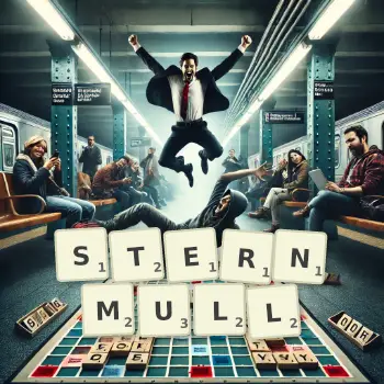 Kreative Illustration für ein Scrabble-Spiel, bei dem das Wort STERNMULL mit Steinen auf dem Brett gelegt wurde.