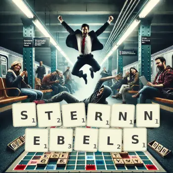 Kreative Illustration für ein Scrabble-Spiel, bei dem das Wort STERNNEBELS mit Steinen auf dem Brett gelegt wurde.