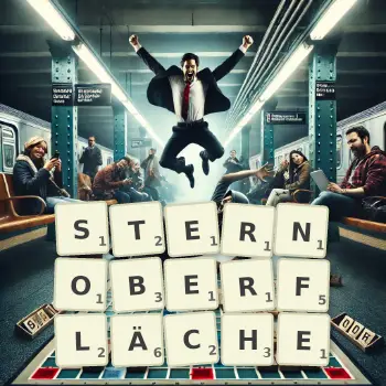 Kreative Illustration für ein Scrabble-Spiel, bei dem das Wort STERNOBERFLÄCHE mit Steinen auf dem Brett gelegt wurde.