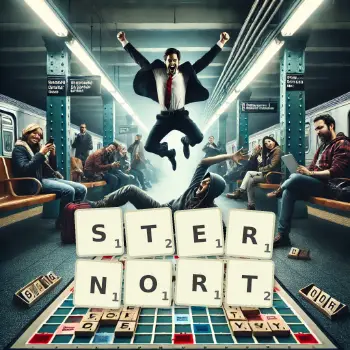 Kreative Illustration für ein Scrabble-Spiel, bei dem das Wort STERNORT mit Steinen auf dem Brett gelegt wurde.