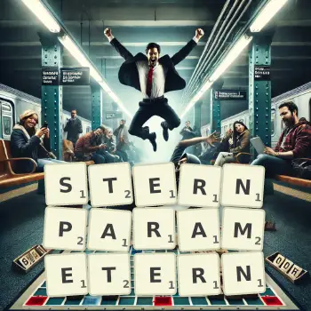 Kreative Illustration für ein Scrabble-Spiel, bei dem das Wort STERNPARAMETERN mit Steinen auf dem Brett gelegt wurde.