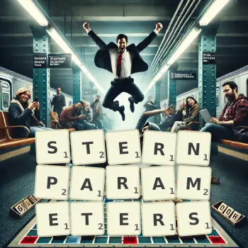 Kreative Illustration für ein Scrabble-Spiel, bei dem das Wort STERNPARAMETERS mit Steinen auf dem Brett gelegt wurde.