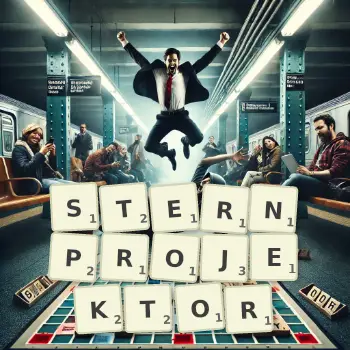 Kreative Illustration für ein Scrabble-Spiel, bei dem das Wort STERNPROJEKTOR mit Steinen auf dem Brett gelegt wurde.