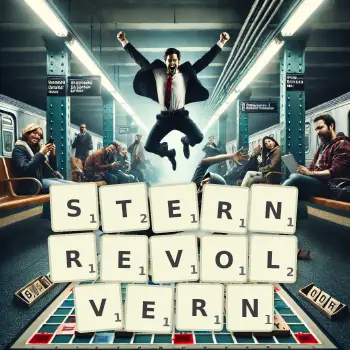 Kreative Illustration für ein Scrabble-Spiel, bei dem das Wort STERNREVOLVERN mit Steinen auf dem Brett gelegt wurde.