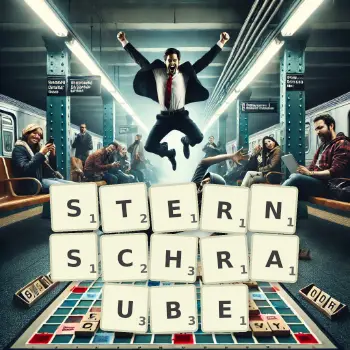 Kreative Illustration für ein Scrabble-Spiel, bei dem das Wort STERNSCHRAUBE mit Steinen auf dem Brett gelegt wurde.