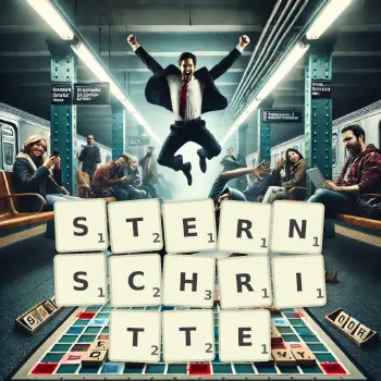 Kreative Illustration für ein Scrabble-Spiel, bei dem das Wort STERNSCHRITTE mit Steinen auf dem Brett gelegt wurde.