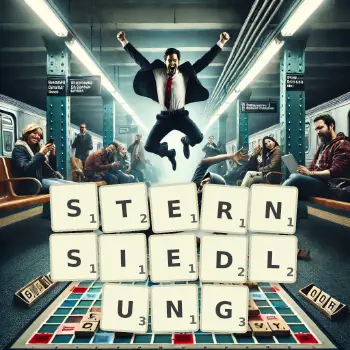 Kreative Illustration für ein Scrabble-Spiel, bei dem das Wort STERNSIEDLUNG mit Steinen auf dem Brett gelegt wurde.