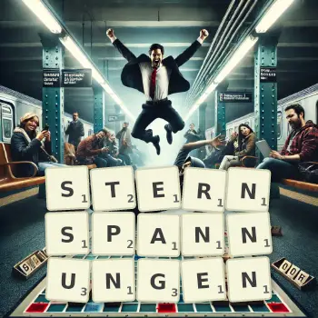 Kreative Illustration für ein Scrabble-Spiel, bei dem das Wort STERNSPANNUNGEN mit Steinen auf dem Brett gelegt wurde.