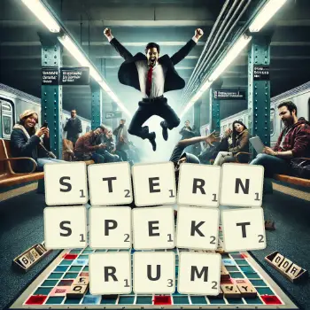 Kreative Illustration für ein Scrabble-Spiel, bei dem das Wort STERNSPEKTRUM mit Steinen auf dem Brett gelegt wurde.