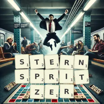 Kreative Illustration für ein Scrabble-Spiel, bei dem das Wort STERNSPRITZER mit Steinen auf dem Brett gelegt wurde.