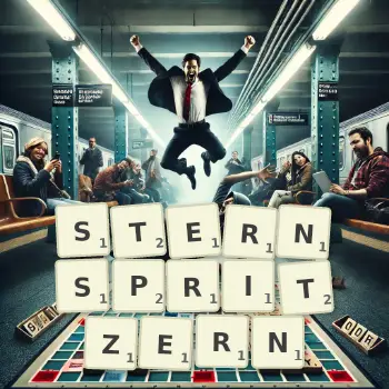 Kreative Illustration für ein Scrabble-Spiel, bei dem das Wort STERNSPRITZERN mit Steinen auf dem Brett gelegt wurde.