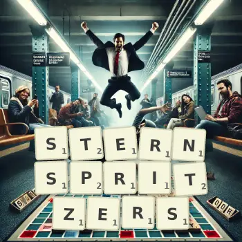 Kreative Illustration für ein Scrabble-Spiel, bei dem das Wort STERNSPRITZERS mit Steinen auf dem Brett gelegt wurde.