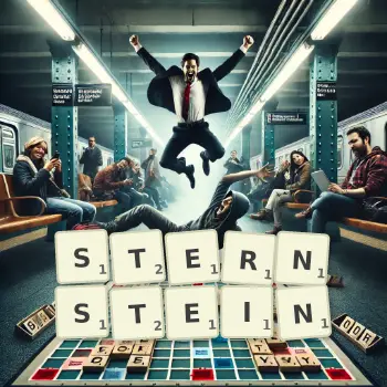 Kreative Illustration für ein Scrabble-Spiel, bei dem das Wort STERNSTEIN mit Steinen auf dem Brett gelegt wurde.