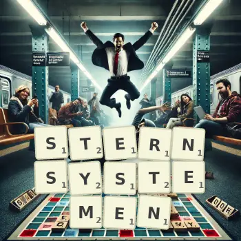 Kreative Illustration für ein Scrabble-Spiel, bei dem das Wort STERNSYSTEMEN mit Steinen auf dem Brett gelegt wurde.