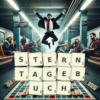 Kreative Illustration für ein Scrabble-Spiel, bei dem das Wort STERNTAGEBUCH mit Steinen auf dem Brett gelegt wurde.