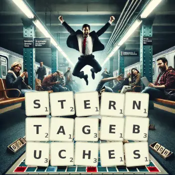 Kreative Illustration für ein Scrabble-Spiel, bei dem das Wort STERNTAGEBUCHES mit Steinen auf dem Brett gelegt wurde.
