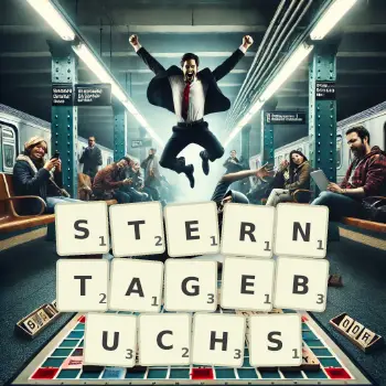 Kreative Illustration für ein Scrabble-Spiel, bei dem das Wort STERNTAGEBUCHS mit Steinen auf dem Brett gelegt wurde.