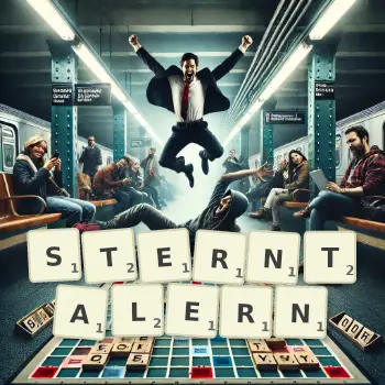 Kreative Illustration für ein Scrabble-Spiel, bei dem das Wort STERNTALERN mit Steinen auf dem Brett gelegt wurde.