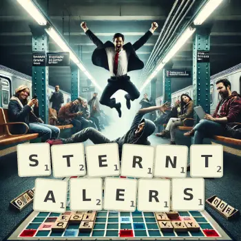 Kreative Illustration für ein Scrabble-Spiel, bei dem das Wort STERNTALERS mit Steinen auf dem Brett gelegt wurde.