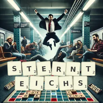 Kreative Illustration für ein Scrabble-Spiel, bei dem das Wort STERNTEICHS mit Steinen auf dem Brett gelegt wurde.