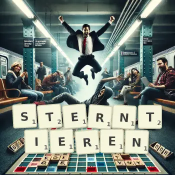 Kreative Illustration für ein Scrabble-Spiel, bei dem das Wort STERNTIEREN mit Steinen auf dem Brett gelegt wurde.