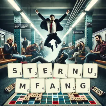 Kreative Illustration für ein Scrabble-Spiel, bei dem das Wort STERNUMFANG mit Steinen auf dem Brett gelegt wurde.