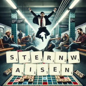 Kreative Illustration für ein Scrabble-Spiel, bei dem das Wort STERNWAISEN mit Steinen auf dem Brett gelegt wurde.